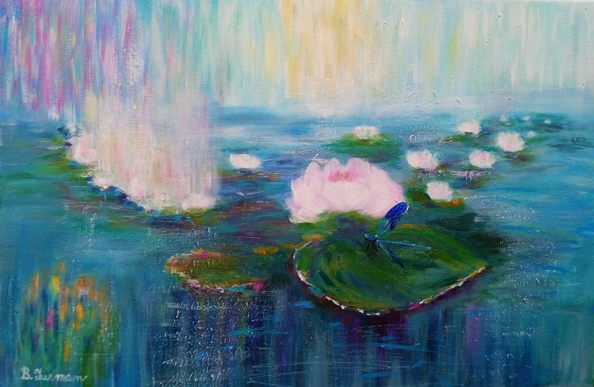 Lekníny, akrylová malba na plátně 75 x 50 cm, rok 2023