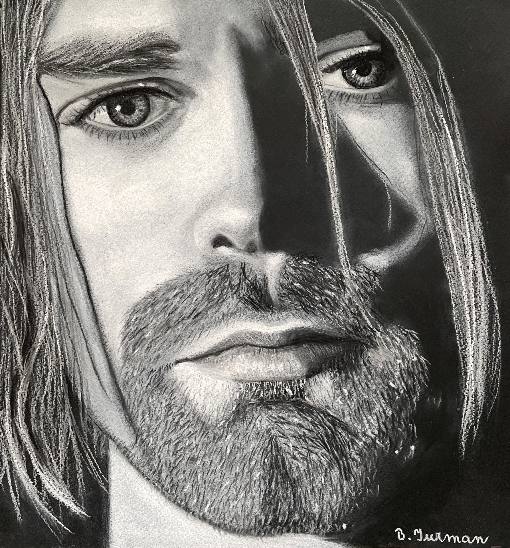 Kurt Cobain, pastel na papíře 30 x 32 cm, rok 2025