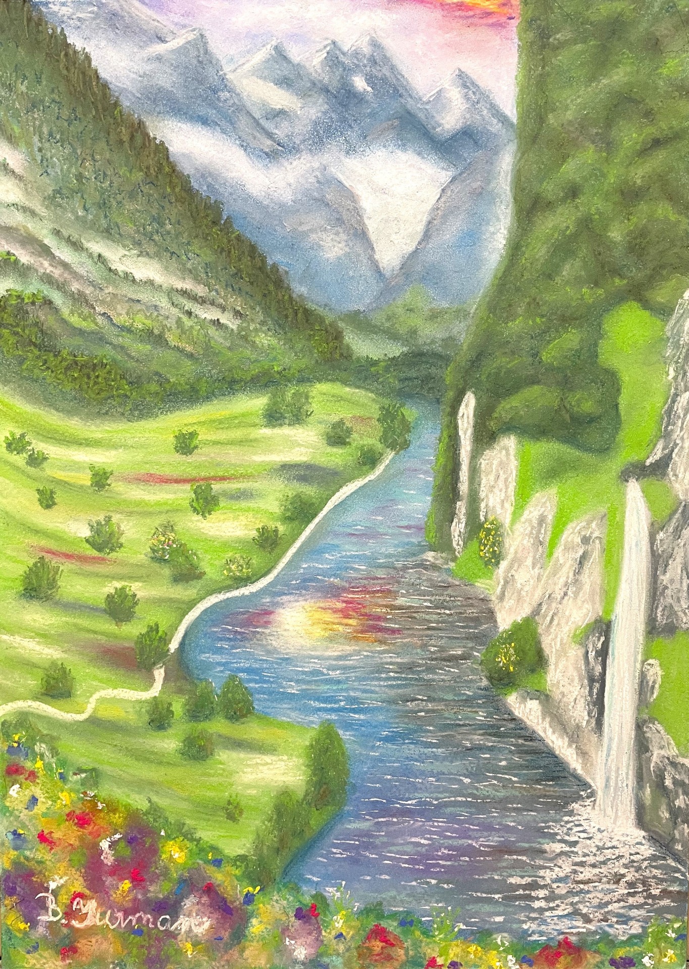 Údolí s vodopádem, pastel na papíře 30 x 42 cm, rok 2025