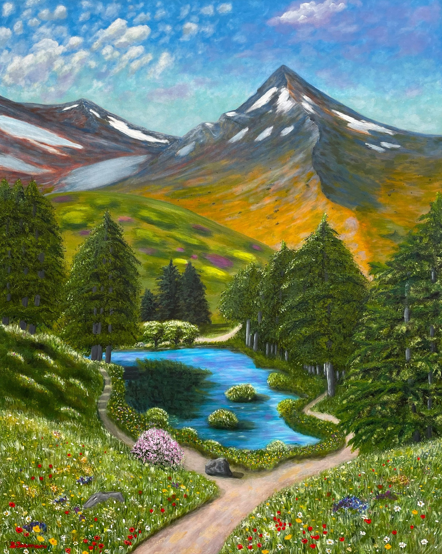 Horské jezero, akrylová malba na plátně 80 x 100 cm, rok 2023