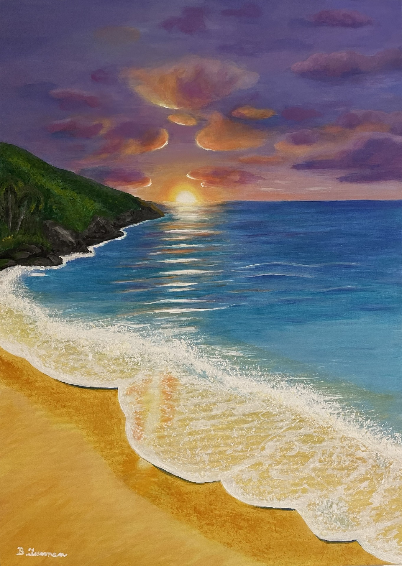 Ametystový západ slunce, akrylová malba na plátně 50 x 70 cm, rok 2026